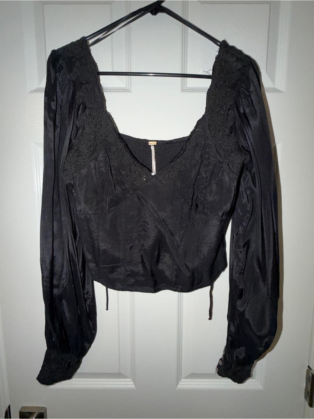 Free People Black Lace-Detail Long-Sleeve Blouse